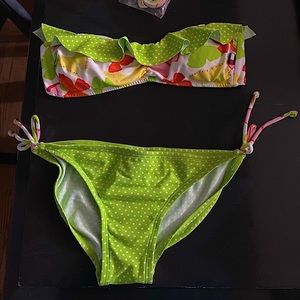 Tommy Hilfiger Size Small Bandeau Bikini Ruffle Top String Bottom GreenPolka dot